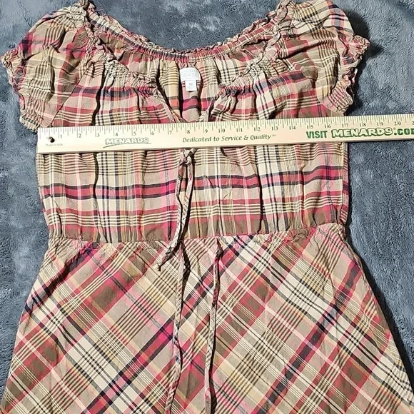 Converse Short Sleeve Plaid Earth Tone Cotton Ruffle Trim Dress Size M - Picture 6 of 8